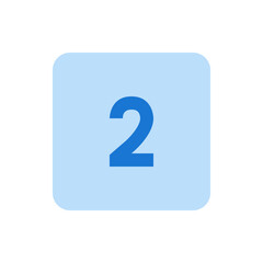Illustration of the number two in blue against a light blue rounded square background in a simple style