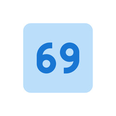 Illustration of the number sixty nine in blue on a rounded light blue square background design element
