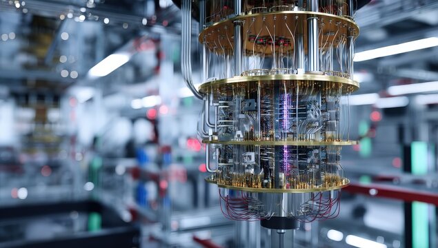 Close-up of a futuristic quantum computer in a high-tech lab.