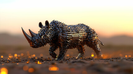Pixelated Rhino In A Fiery Savanna Sunset