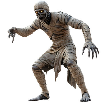Creepy mummy figure wrapped in bandages threatening pose on a black png