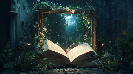 Obraz premium Open book framed by a mystical mirror revealing a moonlit garden. [Whispering Archives] | Lunar Archive | moonlit book. Illustration