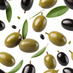 Falling Green and Black Olives with Leaves