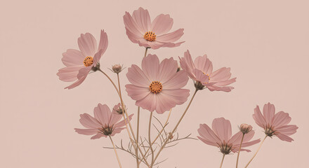 Fototapeta premium Soft pink Cosmos flowers botanical background, delicate composition, perfect for beauty, wellness, and fashion content