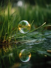 Floating Bubble Over Green Grass Reflecting Natures Beauty During a Sunny Daytime Setting Generative AI