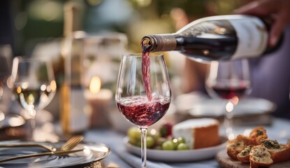Red wine being poured at elegant outdoor dining table.