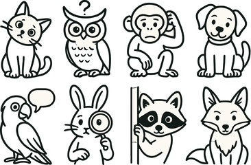 Fototapeta premium Cute animal outline icons set – line, linear, cartoon and drawing style graphics
