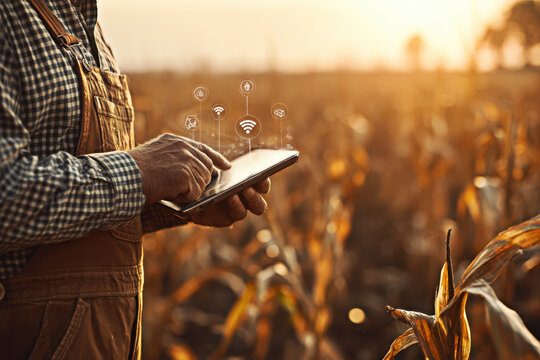 A farmer utilizing a tablet in a golden cornfield, showcasing the integration of technology in agriculture for improved efficiency, data management, and connectivity in modern farming practices.