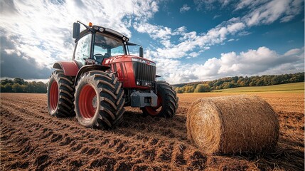 Obraz premium Agricultural tractor working a field with hay bales.