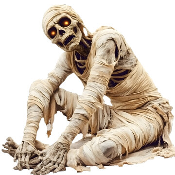 Creepy mummy with glowing eyes crouching on a black background png