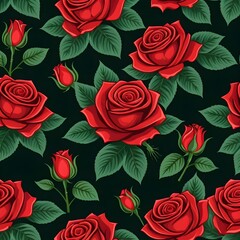 Seamless Pattern of Red Roses on Dark Background