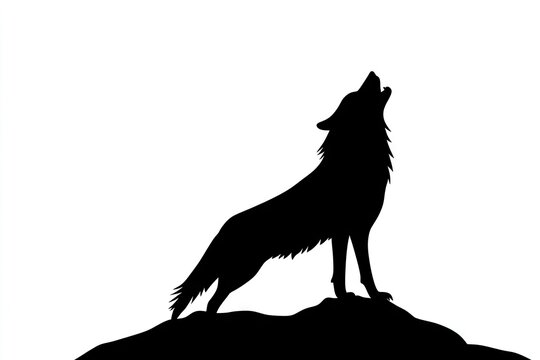 Silhouetted wolf howling on a hilltop at dawn.