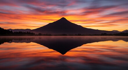 Mountain silhouette reflecting in lake at vibrant orange sunrise scene