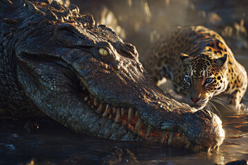 Obraz premium A mesmerizing encounter between a fierce leopard and a formidable crocodile showcases the raw beauty and unpredictability of nature in this stunning illustration of predator dynamics.