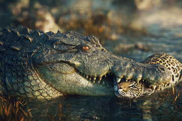 Fototapeta premium In a dramatic encounter, a crocodile captures a leopard in its jaws, showcasing the raw power of nature?s predators.