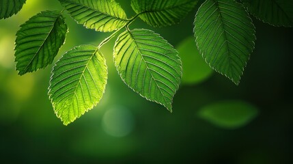 Fresh green leaves bathed in sunlight, vibrant foliage in a forest setting