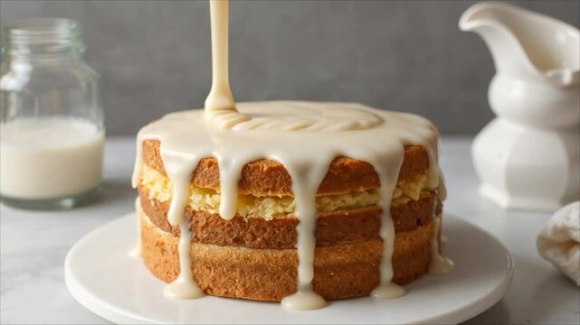 Drizzling icing on a layered vanilla cake on a marble surface  