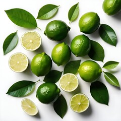 Fresh Limes with Leaves on White Background