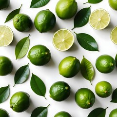 Fresh Limes and Leaves on White Background