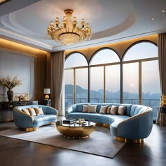 Luxurious Modern Living Room with Curved Sofa and City View