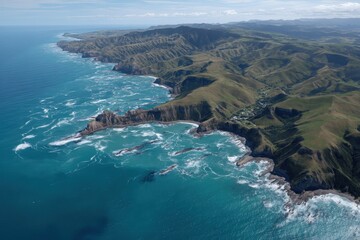 Obraz premium Aerial view of rugged coastline with turquoise waters and lush green hills.
