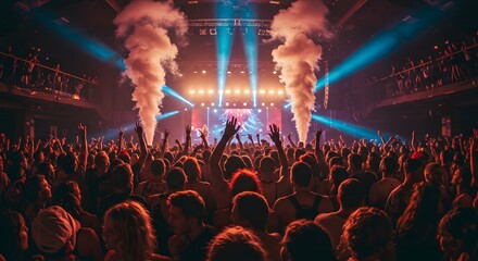 Crowd Enjoying Concert with Stage Lighting and Smoke Effects