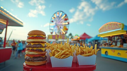 Giant burgers and fries at a summer fair