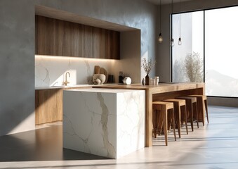 Modern minimalist kitchen with wood accents and marble island.
