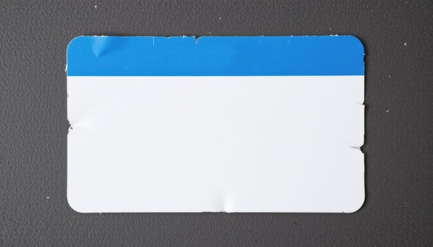 Blank name tag on a textured surface with a blue top stripe.