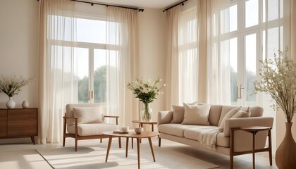 Modern Minimalist Living Room Interior with Beige Sofa and Armchair