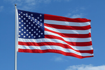 Fototapeta premium Majestic American flag flying against a clear sky, close-up of the fabric rippling in the wind, strong symbol of national identity and resilience.