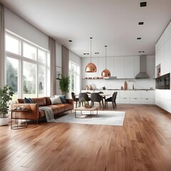 Fototapeta premium Modern Open Plan Living Room and Kitchen with Wooden Floor