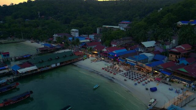9.3.25 Koh Touch khm, beach restaurants night. Magic aerial view flight drone