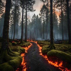 Fiery Path Through a Mossy Forest