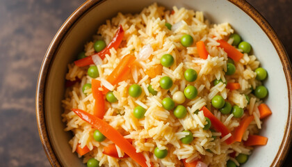 Top view of bowl with fried rice with vegetables, onions, peppers, carrots, green peas. Vegetarian food served. 