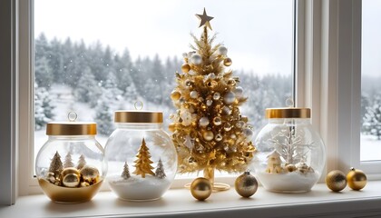 Gold and White Christmas Decor on Snowy Windowsill