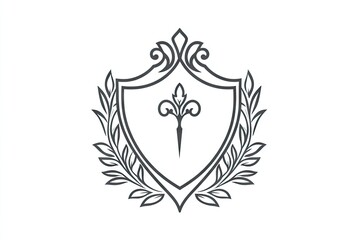 Elegant, monochrome shield emblem with ornate floral accents.