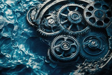 Intricate clockwork mechanism, gears interlock, metallic blue tones, detailed craftsmanship.