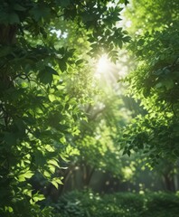 Fototapeta premium Blurred green leaves, dappled sunlight, indistinct shapes, element, abstract, spring