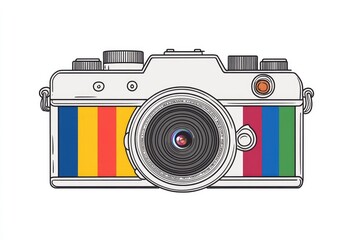 A colorful vintage camera drawing on a white background.