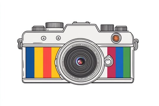 A colorful vintage camera drawing on a white background.