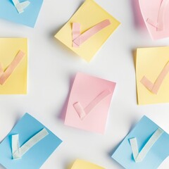 Pastel sticky notes pink yellow blue with checkmarks isolated on white .