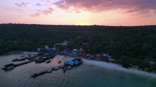 9.3.25 Koh Rong KHM, sunset island village. Amazing aerial view flight drone