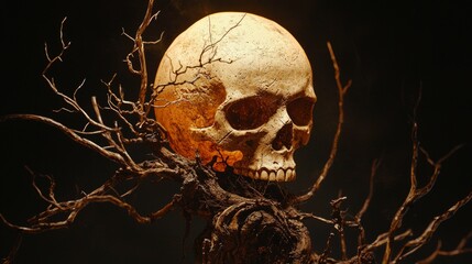 Skull on Twisted Branches with Dramatic Lighting and Dark Background