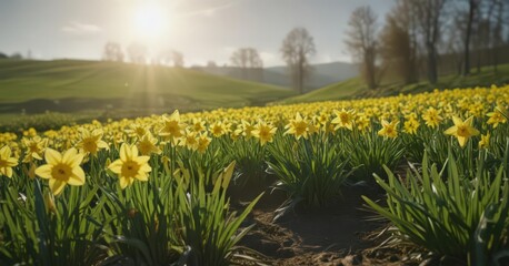 Sunlit daffodils burst forth in a vibrant yellow against a lush green field ,  wallpaper,  bright,  golden