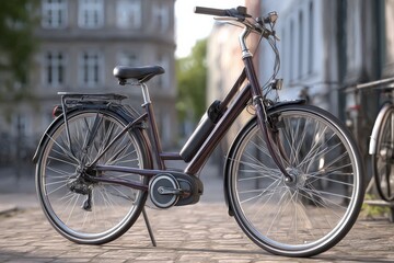 A dark-colored electric bicycle stands on a cobblestone street in front of a building.