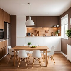 Modern Kitchen Interior Design with Wooden Table and White Chairs