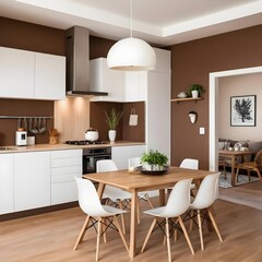 Modern Brown and White Kitchen with Dining Table