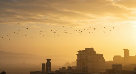 Golden hour ruins landscape with birds flying in sky travel photography and architecture view scene