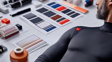 Design workspace, various components,  color swatches, man's athletic apparel
